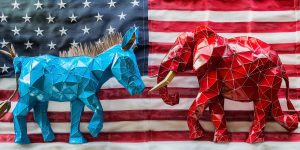 Blue donkey and red elephant facing off on american flag background